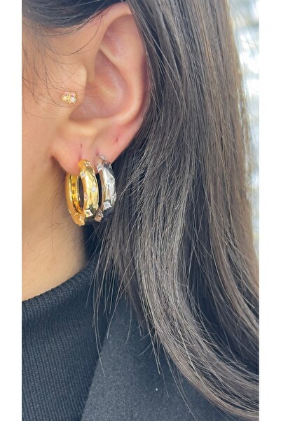 Opia JEWELRY - Gömme Yıldız Detaylı Çelik Halka Küpe