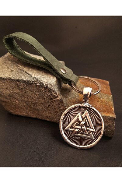AB Takı جلد حقيقي باللون الأخضر الكاكي - سلسلة مفاتيح فايكنغ مزدوجة الجوانب م...