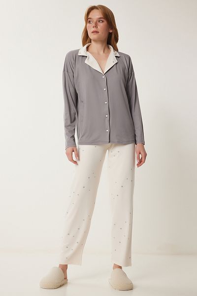 Lovelyİstanbul Knitted Patterned Gray Pajama Set - Bottoming Shirt Lpq0008