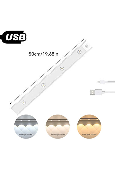 pazariz 60 cm Hareket Sensörlü 3 Renk Işık Usb Şarj Mutfak, Dolap, Gece Lambası Slim Alüminyum Kasa