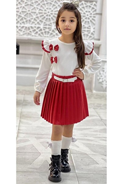 EFLİNS Girl's Dress Set - Red and White Double with Leather Skirt (Age 2-3-4-5)