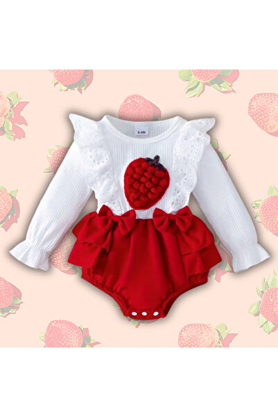darko Çilek Kırmızı Beyaz Çıtçıtlı Kurdeleli Tulum Uzun Kollu Zıbın Sevimli Kız Bebek Bayramlık