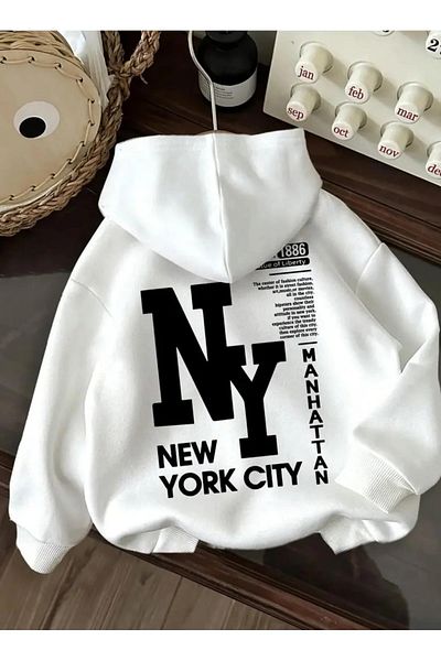 Baxia Hanorac cu glugă pentru fete/băieți cu imprimeu NY CULOARE ALBĂ (PRODUS NOU)