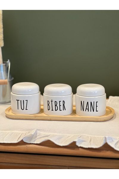 Sade Hediye 3-Piece Porcelain Salt-Pepper-Sugar Jar Spice Bowl Set with Stand