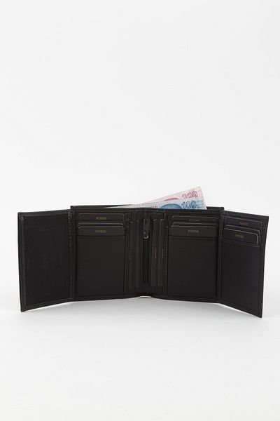 Fossil Boxed Genuine Leather Vertical Stitching Black Hand Portfolio Card Holder Wallet