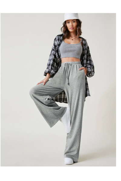 CAONNES Γκρι ελαστικό και άνετο ύφασμα αθλητικό παντελόνι φόρμας μεγάλου μεγέ...