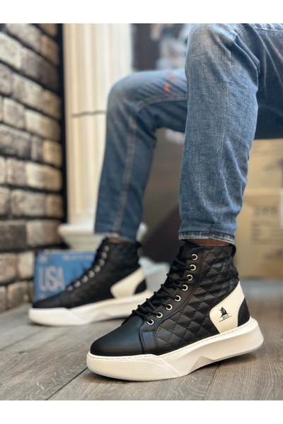 Generic Brand BA0159 Lace-up Black and White Quilted Men's High Sole Sports B...