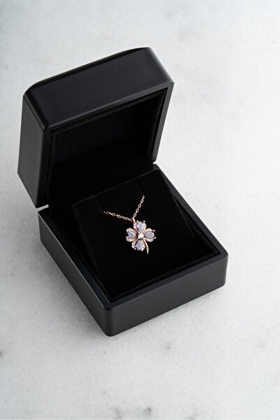 ESSARE 925 Ayar  Işıklı Kutuda Gümüş Rose Kaplama Mor Taşlı Dört Yapraklı Şan...