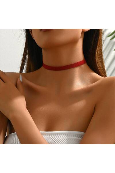 MutluBiDünya Vintage Kırmızı Renk Kadife Choker Kolye