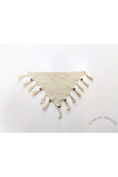 TUNCAY TEKSTİL Buldan Handcrafted Lace Set of 5 - Ready Knitted Triangle Curtain with Lace Fringes and Tassels (strawberry)