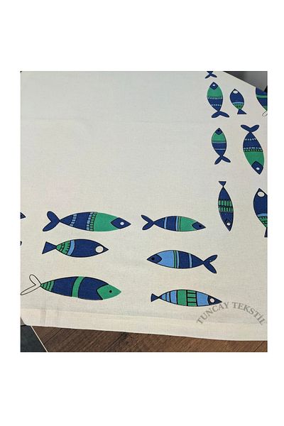 TUNCAY TEKSTİL Τραπεζομάντιλο από λινό τετράγωνο Fish Buldan Handwork Λινό Τραπεζομάντιλο