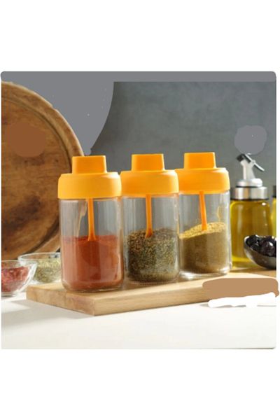 abenim 3-Piece Spice Holder Set with Matte Lid and Spoon - 330 ml - Glass Jar