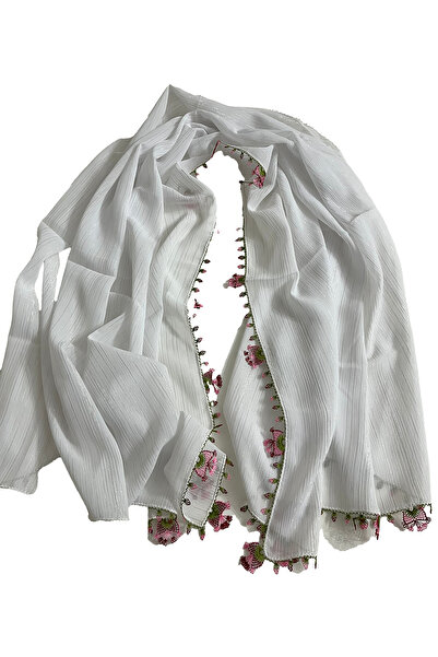 Elişi Oya Beyaz Simli Çizgili Şifon Başörtüsü