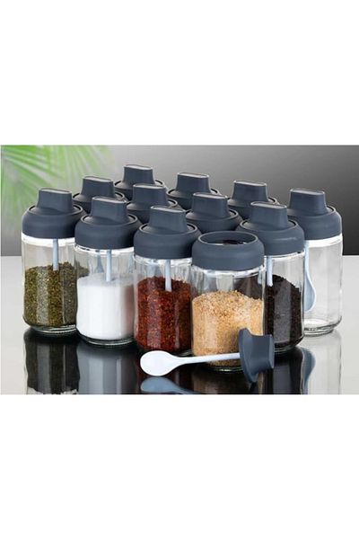 abenim 3-Piece Spice Holder Set with Matte Lid and Spoon - 330 ml - Glass Jar