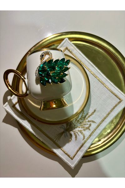 EŞİYOK Special Design Crystal Stone Green Swan Decorated Gold Detailed Coffee Cup