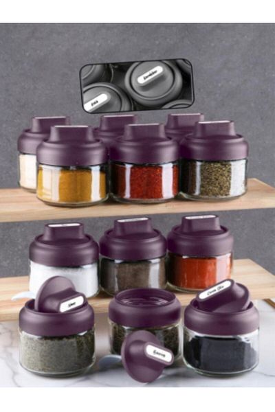 abenim 3-Piece Spice Holder Set with Matte Lid and Spoon - 330 ml - Glass Jar