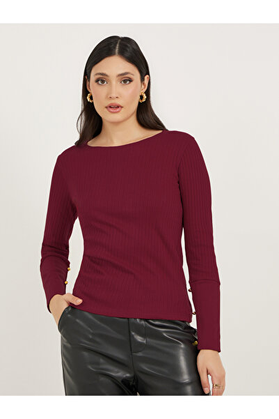 Styli Rib Knit Cuffed Sleeve Top with Button Detail