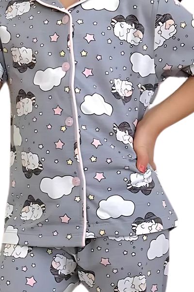 EQRU Girls' Shirt Collar Short Sleeve Buttoned Lamb and Cloud Print Pajamas Set