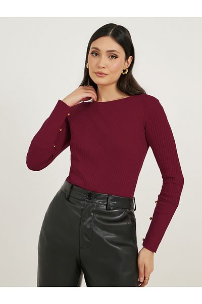 Styli Rib Knit Cuffed Sleeve Top with Button Detail