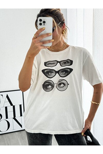JENOLAN Tricou alb imprimat cu ochelari de damă New Season oversize casual