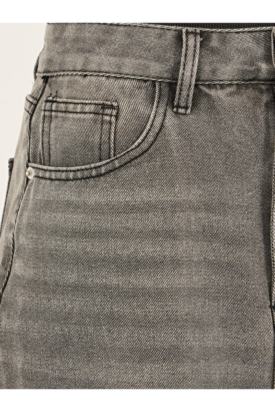 Styli Ripped Hem Denim Maxi Skirt with Front Slit Detail