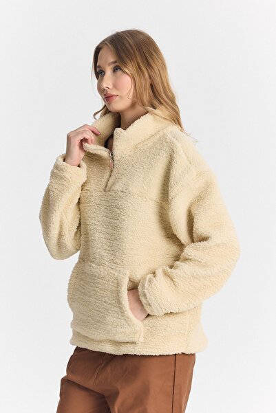DAMGA JEANS Women's Oversize Half Zipper Cream Sweatshirt