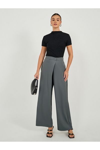 Styli High Rise Straight Fit Pants with Cross Over Waistband Detail