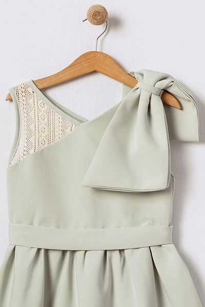 Bebüş Thick Straps Pleated Flared Cutout Sleeveless Mint Girl's Dress with Big Bow and Lace Detail 15693