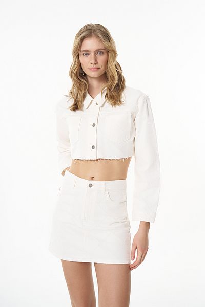 Quzu Cream Color Crop Denim Jacket - Knitted Detail and Buttons