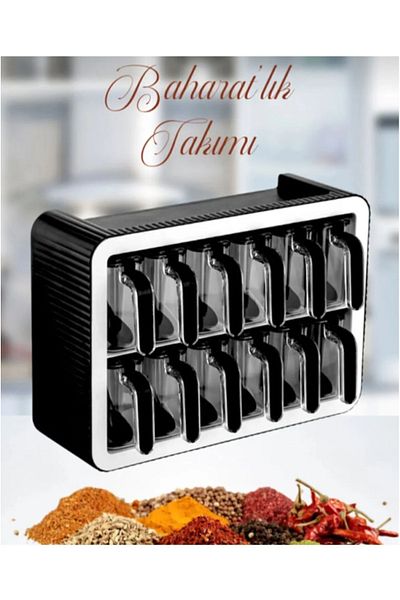ŞAKİLATA CONCEPT 12-Piece Spice Rack Set with Self-Adhesive Spoon and Lid - Black and White