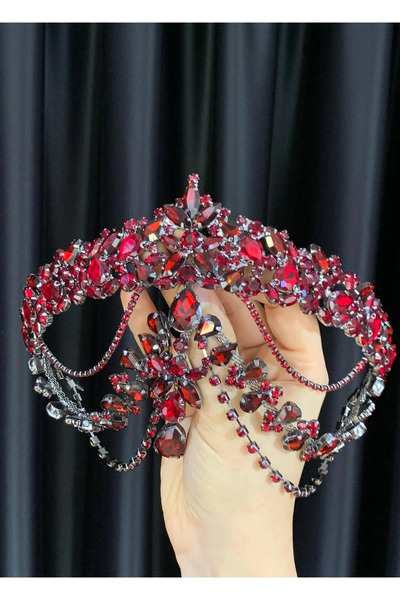 Asensa Bordo Gelinler Için Düğün Ve Kına Kristal Taşlı Hürrem Gelin Tacı