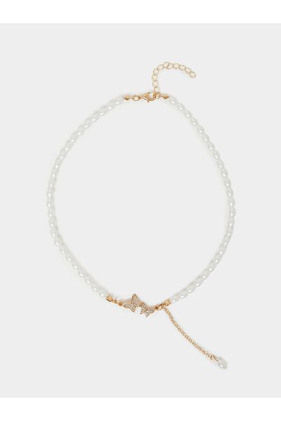 Styli Faux Pearl Necklace with Butterfly Accent