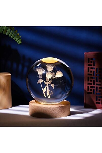 Sensoria 3d Led Işıklı Ahşap Standlı Gül Temalı Cam Küre Dolunay Lamba Kar Kü...