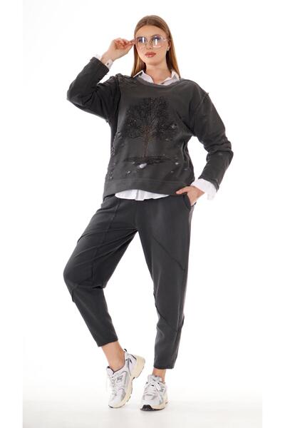 shE tekstil Anthracite Stone Detailed Cotton Sweatshirt