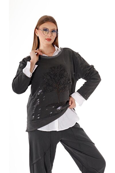 shE tekstil Anthracite Stone Detailed Cotton Sweatshirt