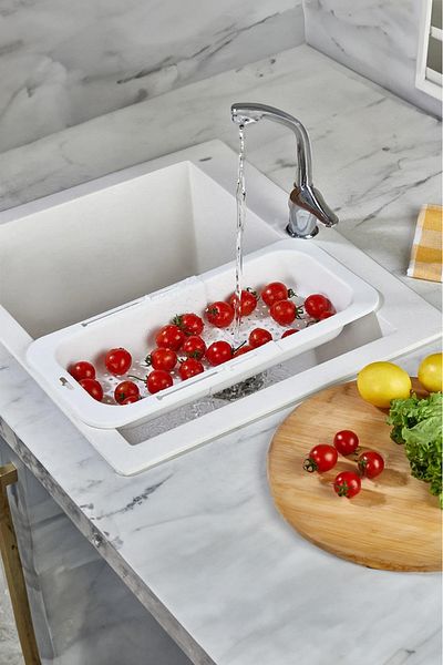 Mutfak Köşesi Sliding Adjustable Practical Sink Strainer, Long Short Adjustment Sink, Fruit Vegetable Salad Washing White