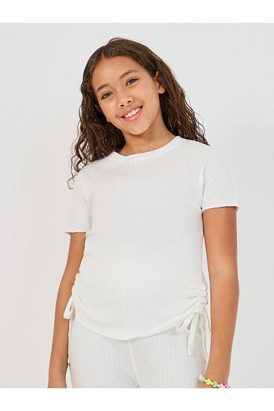 Styli Rib Round Neck Ruched Detail T-Shirt & Wide Leg Joggers Co-Ord