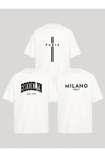 ALİKA Unisex Λευκό Σετ 3 Λευκών Μπλουζών Νο. 2 με στάμπα Oversize