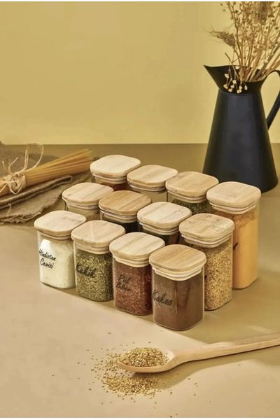 ŞAKİLATA CONCEPT 200-250-300 ml Capacity 12-Piece Storage Set with Wooden Lid - Acrylic Label