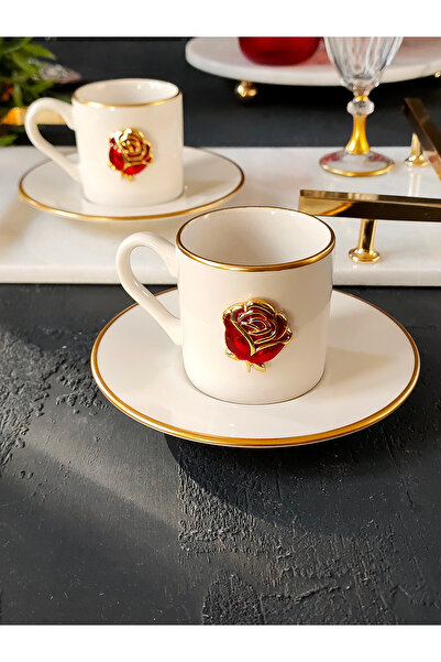 REGNA HOME Fine Living Love Roses 4-Piece 2-Person Gilded Porcelain Coffee Cup Set