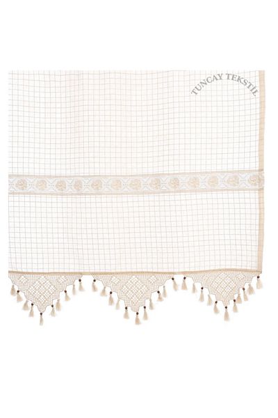 TUNCAY TEKSTİL Natural Cotton Handcrafted Lacy Linen Woven Sunshade Monika Curtain Cross Stitch Marine Buldan - Basement