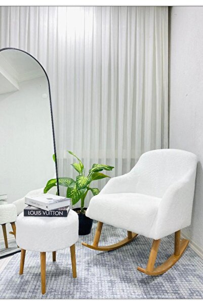 Sallanan Berjer Koltuk Puf Hediyeli Retro Ahşap Ayaklı Balkon Seti
