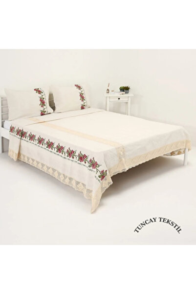 TUNCAY TEKSTİL Kanaviçeli Dantelli Pamuklu Yatak Örtüsü Takımı