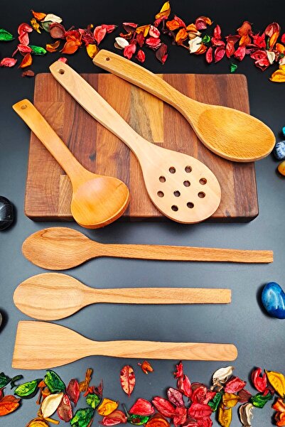 SWENCRAFT Doğal Ahşap Mutfak Servis Kepçe Kevgir Kaşık Spatula 6 'lı Set El Işçiliği Annelere Özel