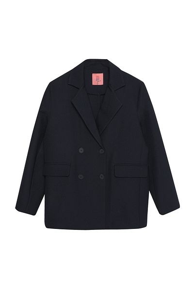 Quzu Double Breasted Lapel Double Button Blazer Jacket Navy Blue