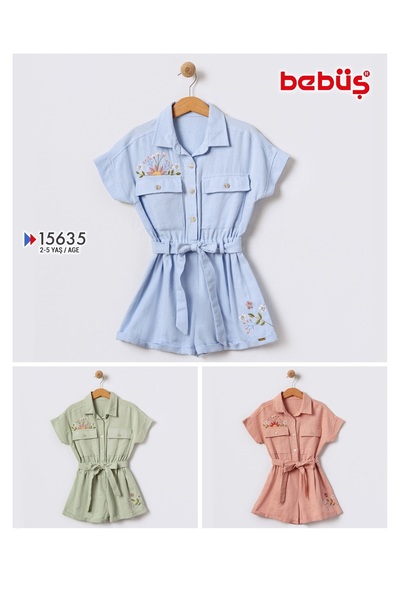 Bebüş Girls' Jumpsuit - Shirt Collar with Embroidery Detail and Dark Powder Linen Fabric 15635