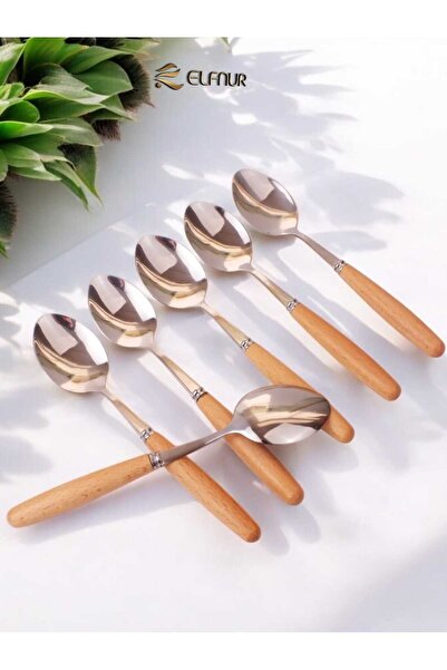 elfnur 6 ملاعق بمقبض من الخيزران ومقبض خشبي للحلوى وملعقة طعام