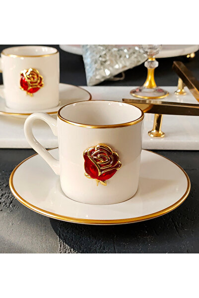 REGNA HOME Fine Living Love Roses 4-Piece 2-Person Gilded Porcelain Coffee Cup Set