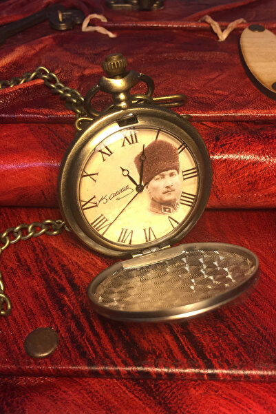 denacci Atatürk Kadranlı Vintage Köstekli Cep Saati Ahşap Kutulu Köstekli Saat