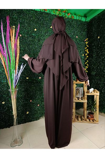 ABAYA Umre Takım Bitter Brown Medina Silk Σετ 3 Ρούχα-σουφλέ-κινητό πέπλο